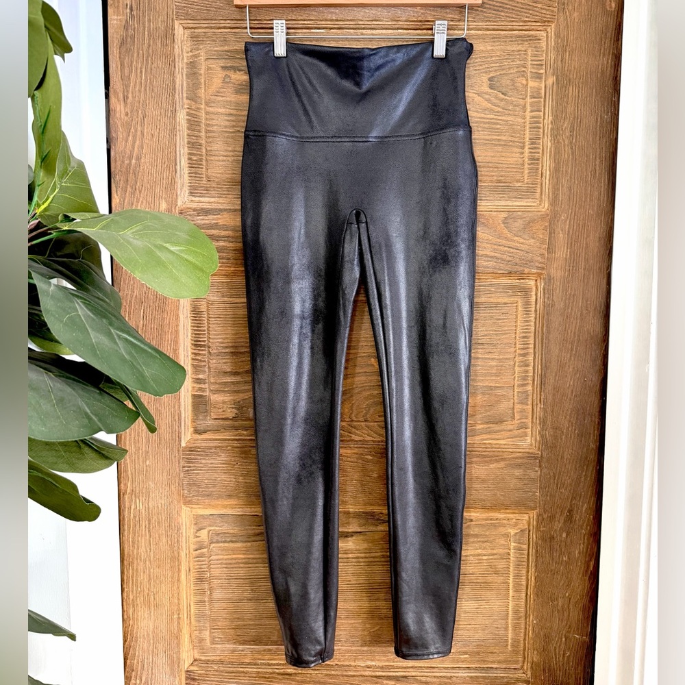 SPANX Black Faux Leather Shaping Leggings Size Large